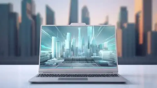 Notebook workstation com cidade futurista 3D na tela, ideal para locação de notebooks de alta performance